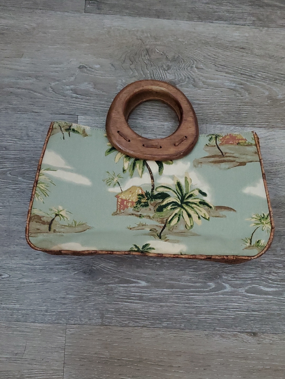 Tropical Palm Print Tote Bag with Wooden Handles Fossil